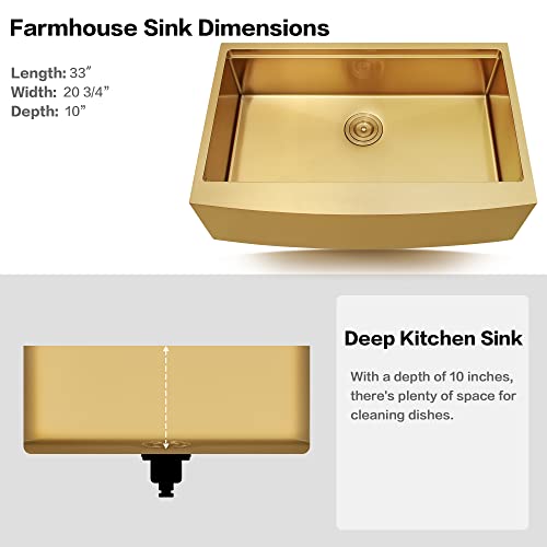 Image of Gold Farmhouse Kitchen Sink, 16 Gauge SUS304 Stainless Steel Farm Sinks, All In One Workstation Sink with Ledge & Accessories, 33 inch x 20 inch x 10 inch Large and Deep Gold Undermount Kitchen Sink