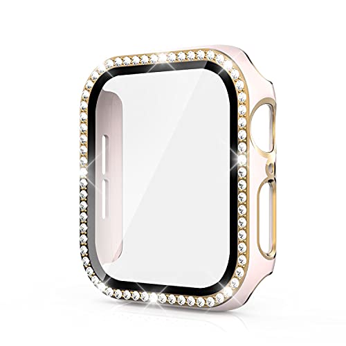 Quanerba per Cover Custodia Apple Watch Serie 6 5 4 SE 44mm Vetro Temperato Due Colori Rigida PC HD Pellicola Protettiva Strass Donne iWatch （44mm Rosa oro）