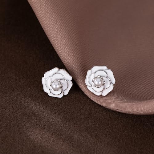 Reffeer Solid 925 Sterling Silver Camellia Flower Stud Earrings for Women Teens Flower Stud Earrings Pearl Studs4