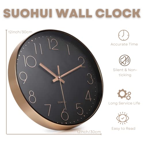 Suohui 12 Inch Silent Wall Clock Non-Ticking Modern Style Wall Clocks Battery Operated For Home/Bedroom/Office/Classroom/School/Living Room Decor(Golden Frame Black Dial ) #TOP1