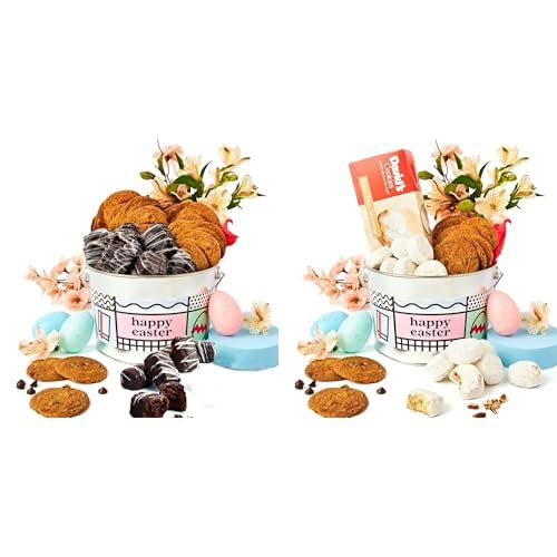 David’s Easter Duo – Thin Crispy Cookies & Chocolate Covered Brownies (1.3lbs) + Thin Crispy Cookies & Butter Pecan Meltaways (1.3lbs) in a Happy Easter Bucket. Delight in Easter treats!