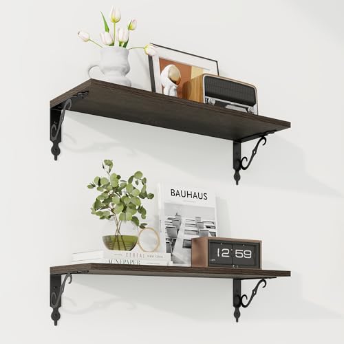 RICHFOCUS Floating Shelves for Wall Decor, 24Inch Shelves Set of 2, 24W x 8D Black Floating Shelves Wall Mounted with Metal Brackets, Rustic Wood Shelves for Living Room Bedroom Kitchen
