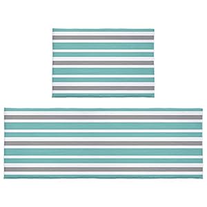 2 stuks Bad Rug Set Teal Groen, Wit en Grijs Strepen Badkamer Vloermat Gestreept Patroon Absorberend Non Skid Badmat…
