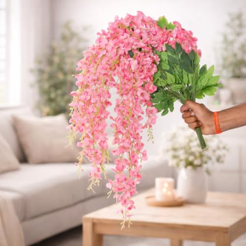Image of CraftVatika Pink Cascading Wisteria Artificial Flower Bunch with Flexible Stems | Realistic Hanging Floral Bouquet | Decorative Flower for Wall Vase, Living Room | Wedding Anniversary Party Gift