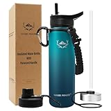 NATURE PIONEOR Insulated Water Bottles with Paracord Handle - 24 oz Vacuum Sports Wide Mouth Water Bottle with 3 Lids, Leak Proof Stainless Steel Keeps Hot and Cold