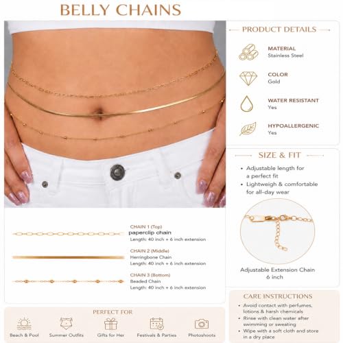 Image of VAMA FASHIONS 18K Gold Plated Belly Chain Anti Tarnish Adjustable Waist Hip Belt Beads Herringbone Saree Kamarbandh Beach Body Chain Combo Jewelry for Women & Girls