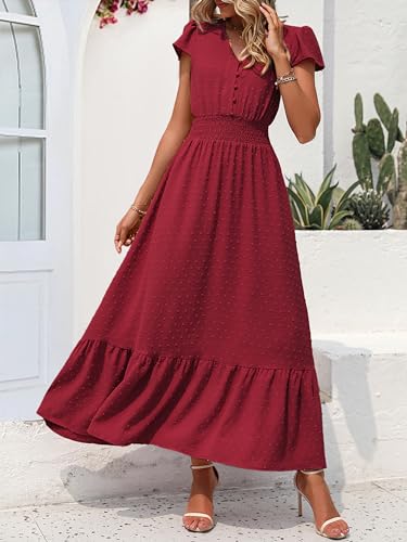 Image of PRETTYGARDEN Womens Dresses 2026 Summer Maxi Dress Boho Short Sleeve V Neck Swiss Dot Ruffle Tiered Smocked Flowy Long Dress
