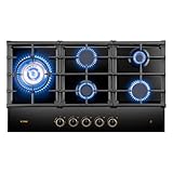 FOTILE GLG36501 36" Black Tempered Glass 5-Burner Gas Cooktop, Tri-Ring 18,000 BTUs Left Burner with Flame Failure Protection Removable Grates and Installation/LP Kit