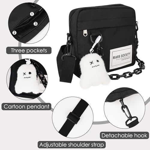 Small Crossbody Messenger Bag for Women Men, Cute Nylon Shoulder Purse Bag with Detachable Ghost Pendant, Black3