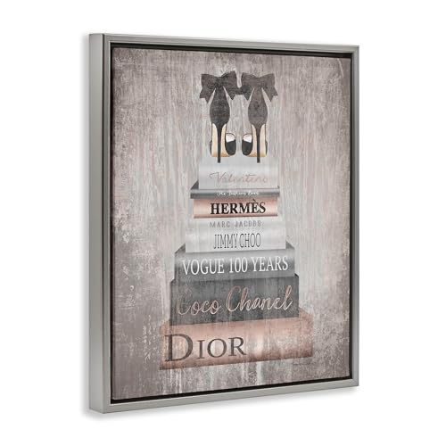 Image of 'Book Stack Heels Metallic Pink'| Floating Frame Canvas Art | Stupell Industries | Gray, 25 x 31 Inches, Easy to Hang and Sturdy, Made in USA, by Amanda Greenwood