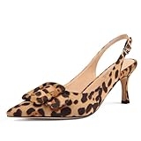 Womens Slingback Kitten Heels Closed Pointed Toe Sling Back Pumps Square Buckle Wedding Party Casual Dress Shoes, Leopard, 5.5 UK