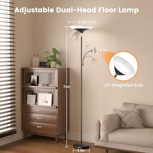 Image of SIBRILLE Upgraded 2-in-1 Torchiere Floor Lamp, Dimmable Standing Lamp with Remote&Button Control, 34W Brightness Adjustable Floor Reading Light, Black Modern Corner Lamp for Living Room Bedroom Office