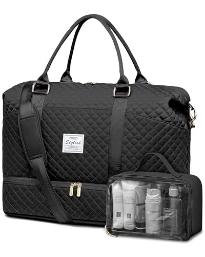 Women Weekender Travel Duffle Bags - Large Duffel Overnight Bag with Shoe Compartment & Toiletry Carry on Tote Weekend Yoga Gym Bags with Wet Pocket Hospital Bags for Labor and Delivery Black