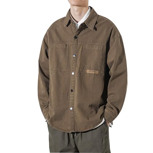 Men's Cargo Denim Jacket Long Sleeve Button Down Jean Coat with Pockets