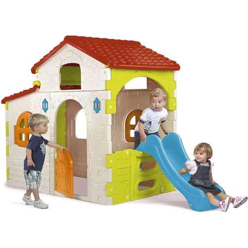 FEBER - Beauty House de Feber, casa de juegos para jardín e interior con tobogán incorporado, puerta con buzón de cartas y ventanas abatibles, para niños y niñas a partir de 3 años, Famosa (800010721)