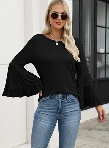 Hount Women Casual Long Bell Sleeve Tops Loose Round Neck T Shirt Flare Sleeve Shirt Tops4