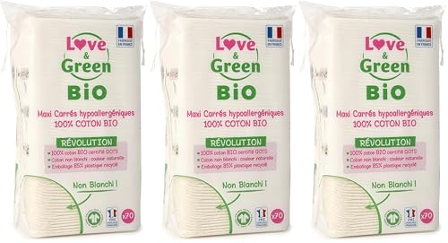 Love & Green Cotton Maxi Cuadrados Hipoalergénicos – Cambio y aseo para bebé, sin blanquear y 100% orgánico x70 – Fabricado en Francia (Paquete de 3)