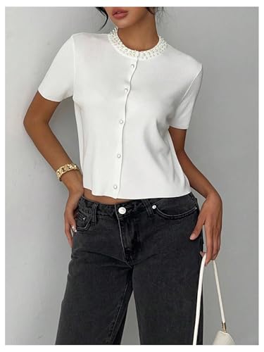 Floerns Women's Elegant Pearl Beaded Cardigan Sweater Short Sleeve Button Knit Pullover2