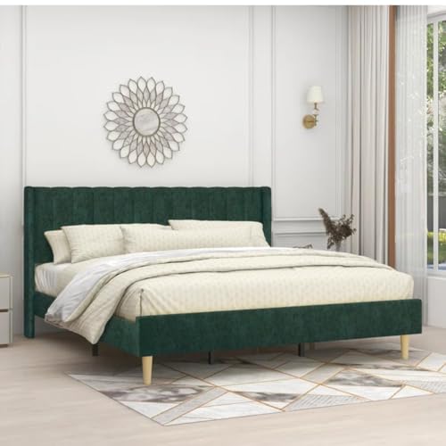 Image of Low Profile Upholstered Platform Bed with Winback Headboard | Bed Queen Size | Bed for Bedroom, Living Room | Bed Without Storage | Mattress not Included | Fabric Color:- Green