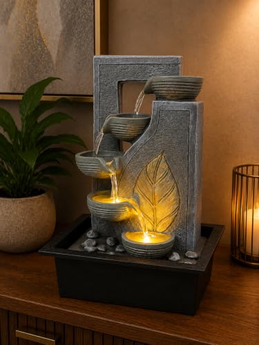 Image of CHRONIKLE Indoor Tabletop Water Fountain with Warm LED Light & Controller Pump|Golden Leaf Designer 4 Diya Step Cascade Polyresin Waterfall Fountain for Home, Meditation Decor | Silver | 40x29.5x22 CM