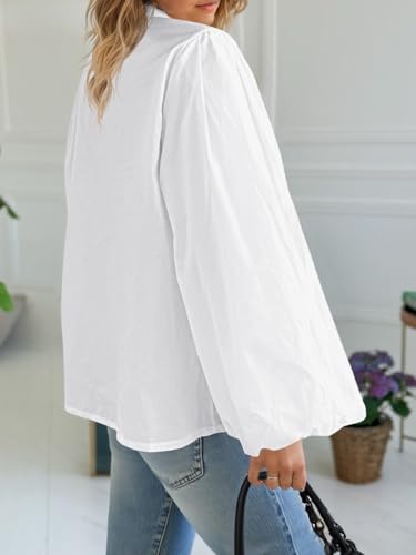 Tankaneo Womens Lantern Sleeve Button Down Shirts Oversized Mock Neck Blouse Trendy Casual Loose Fit Cotton Tops2