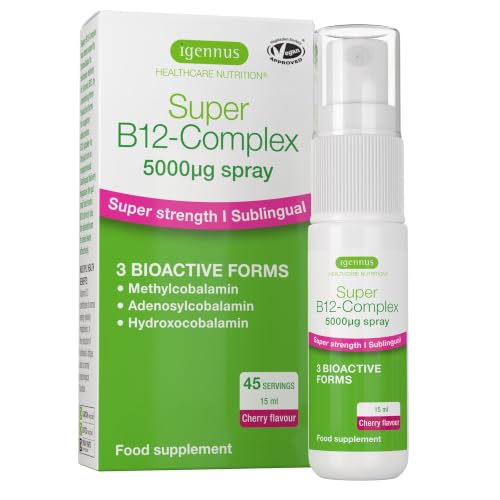 Igennus Super Vitamin B12 Complex 5000mcg High Strength Liquid Sublingual Spray Methylcobalamin Adenosylcobalamin & Hydroxocobalamin Methylated & Clean Natural Cherry Flavour 45 Servings Vegan