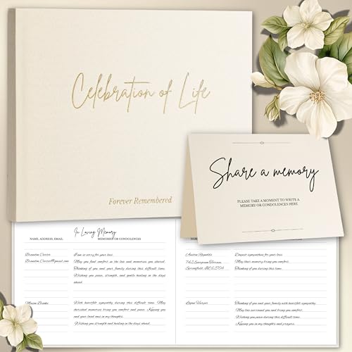 Funeral Guest Book – Celebration of Life Guest Book – Guest Book for Memorial Service – Funeral Registry Sign In Book – Linen Hardcover & Gold Foil – Keepsake Memory Book for Loved Ones - White