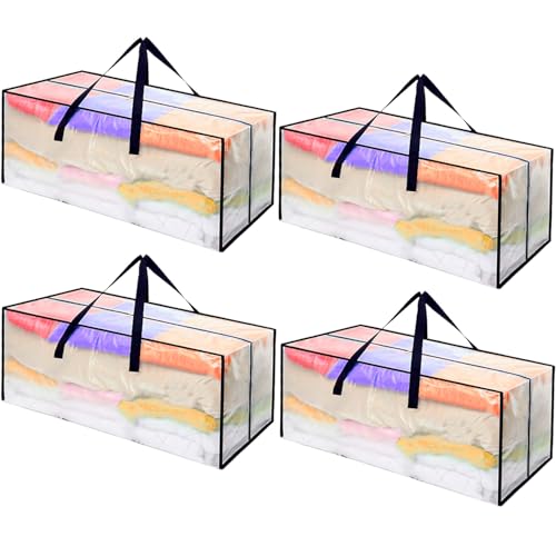 Froxique Embalagem de 4 sacos de mudanças com alças de mochila, caixas de armazenamento resistentes para economizar espaço, sacos de lavandaria de armazenamento extragrandes, dobráveis (transparente)