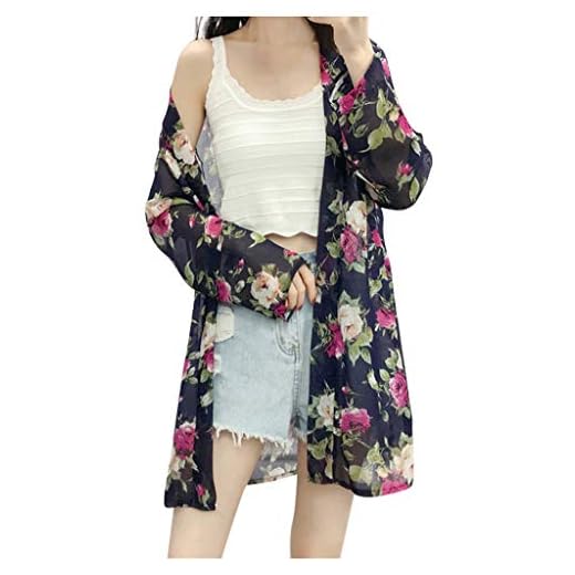 Woman Sea Flowers Cover Up Girl Swimsuit Bikini Cover Up Blouse Chiffon Swimwear Cover Up Cover Up Summer Beach Dress Navy