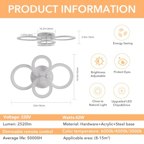 Image of ELEPHANTBOAT 36W Dimmable Chandelier Lights for Ceiling, 3-Color Round LED Ceiling Lights for Living Room with Remote Control, Flush Mount Fancy Lighting Fixture with 4 White Rings (2800-6000k)