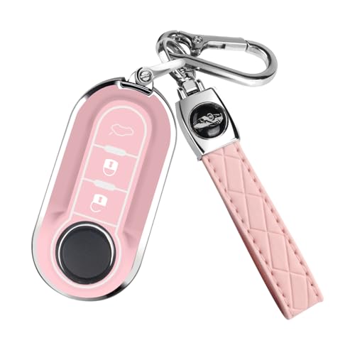 FT FUNTOR für Fiat Schlüsselanhänger Abdeckung 3-Knopf Silikon Schlüsselanhänger 360 Grad Autoschlüssel Case Schutz mit Schlüsselanhänger Kompatibel mit 500L/Brava/Bravo/Doblo/Ducato (Rosa)