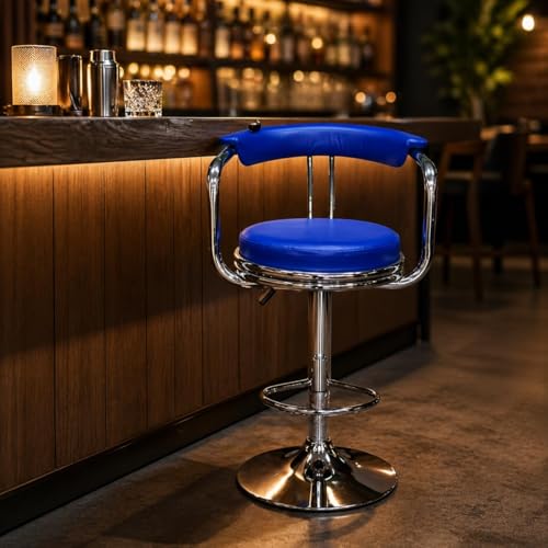 Image of Kemon Modern Adjustable Swivel Bar Stool Chair with Backrest, PU Leather Hydraulic Counter Stool with Footrest for Kitchen Island, Cafe & Home Bar (1, Blue, Round Barrel Stool)