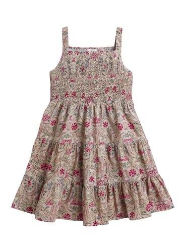 Image of The Magic Wand Kids Girls Printed Casual Dresses, Knee Length Singlet Strap Fit & Flared Cotton Once Piece Stylish Frocks for Summer Season