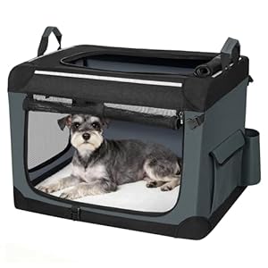 Fobyfurny Hundebox Faltbar, 3-Türiger Transportbox Hund, 60 x 42 x 42 cm, Tragbare Hundetasche mit Reflektierenden Streifen und Taschen, Oxford-Gewebe, Die Matte ist Abnehmbar, Grau, FPDT005OG1
