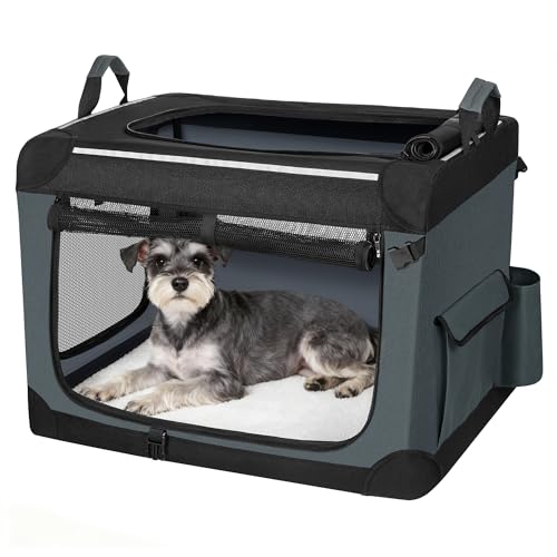Fobyfurny Collapsible Dog Crate, Portable 3-Door Foldable Dog Travel Crate, 60 x 42 x 42 cm, Pet Carrier Bag with Reflective Strips and Storage Pocket, Breathable Mesh, Grey, FPDT005OG1