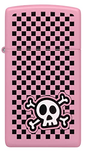 Image of Zippo Checkered Skull Design Slim Pink Matte Windproof Pocket Fuel Refillable Lighter, BIS Certified