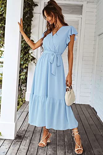 PRETTYGARDEN Women's Summer Floral Boho Maxi Dress Wrap Short Sleeve V Neck Ruffle A-Line Flowy Wedding Guest Long Dresses