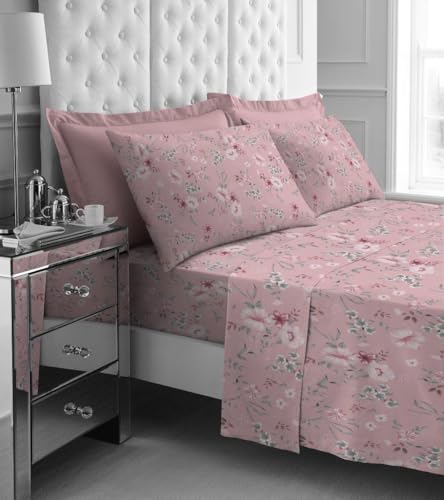 GC GAVENO CAVAILIA Floral Flannel Sheet Set, Cosy Botanical Fitted Bedsheet & Skinny Fitted Sheets With Flower Printed Pillowcase Cover, Blush Pink
