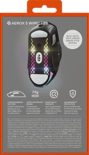 SteelSeries Aerox 5 Wireless Gaming Mouse Ultra Lightweight 74g 9 Buttons Bluetooth/2.4 GHz 180 Hr Battery IP54 Water Resistant PC/MAC FPS, MOBA, Battle Royale