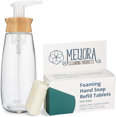 MightyNest Full Circle Refillable Glass Hand Soap Dispenser | 6 Count Meliora Cleaning Products Tea Tree Foaming Soap Refill Tablets Set | Eco-Friendly, Refillable Cleaning Bundle