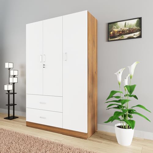 Image of VIKI Wardrobe | Wooden Almirah for Clothes,Door for Bedroom, 3 Door Wardrobe with Drawer & Hanging Space (Walnut & White - 40D x 120W x 180H) | 1 Year Warranty | Free Assembly