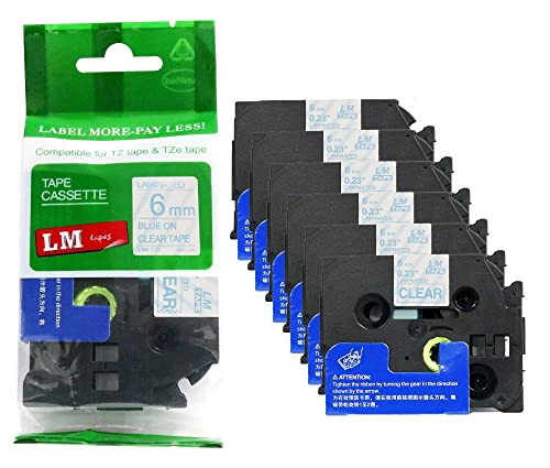 6/Pack LM Tapes - LMe113 Premium 1/4" Blue Print on Clear Label Compatible with Brother TZe113 P-Touch Tape Includes a Tape Color/Size Guide. Replaces TZe-113 6mm 0.23 Laminated