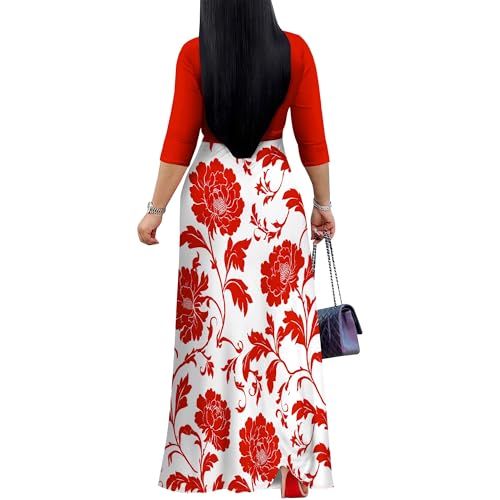 Image of PinkPatty Plus Size Maxi Dress for Women Casual V Neck 3 /4 Sleeve Boho Printed Long Dress with Pockets