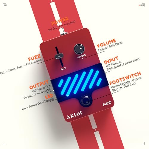 Image of AKLOT Fuzz Electric Guitar Pedal: Thick Vintage Fuzz with Rich Saturation, Dynamic Touch-Responsive Gain, Volume Control, Mini Guitar Effect Pedal with True Bypass, NEON Inferno
