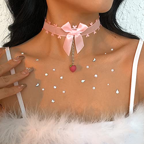 Jumwrit Cute Bow Choker Necklace Lolita Love Heart Collar Necklace Silver Chain Peach Pendant Necklace For Women Girls(Pink) #TOP1