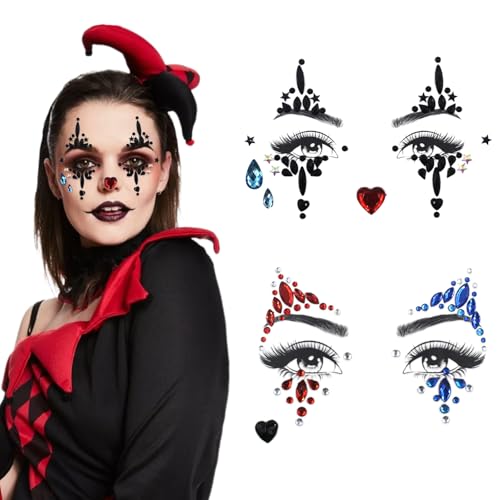 2 Pcs Clown Face Gems Makeup Stickers Clown Queen Face Jewels Jester Gemstone Face Stickers Day of the Dead Thriller Style Glitter Rhinestone Temporary Tattoos for Halloween Carnival Party Decor