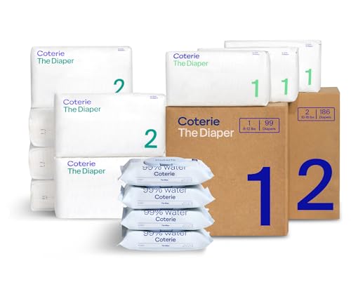 Coterie Baby Wipes + Diapers Kit, Size 1 (99 Count) & Size 2 Diapers (186 Count), 4 Pack (224) Baby Wipes with 99% Water, Plant Based Materials, Hypoallergenic for Sensitive Skin