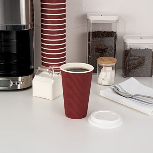 Restaurantware 16 Oz Crimson Paper Ripple Wall Coffee Cup - With White Lid - 3 1/2" X 3 1/2" X 6 1/4" - 20 Count Box #TOP2