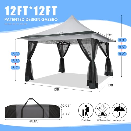 Image of COBIZI 12x12 Pop up Canopy Gazebo on Clearance, Outdoor Canopy Tent with Mosquito Netting & Waterproof Roof Tent carpas para Patio Portable Gazebo for Backyard, Gray