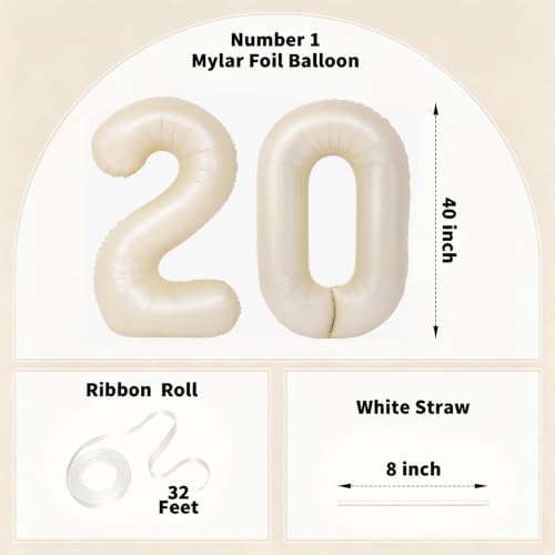 Image of Number Balloons for Birthday Decorations - 40 Inch Large Party Balloons 20, Cream Foil Number Balloons for Boys Girls, Balloons for Party Supplies